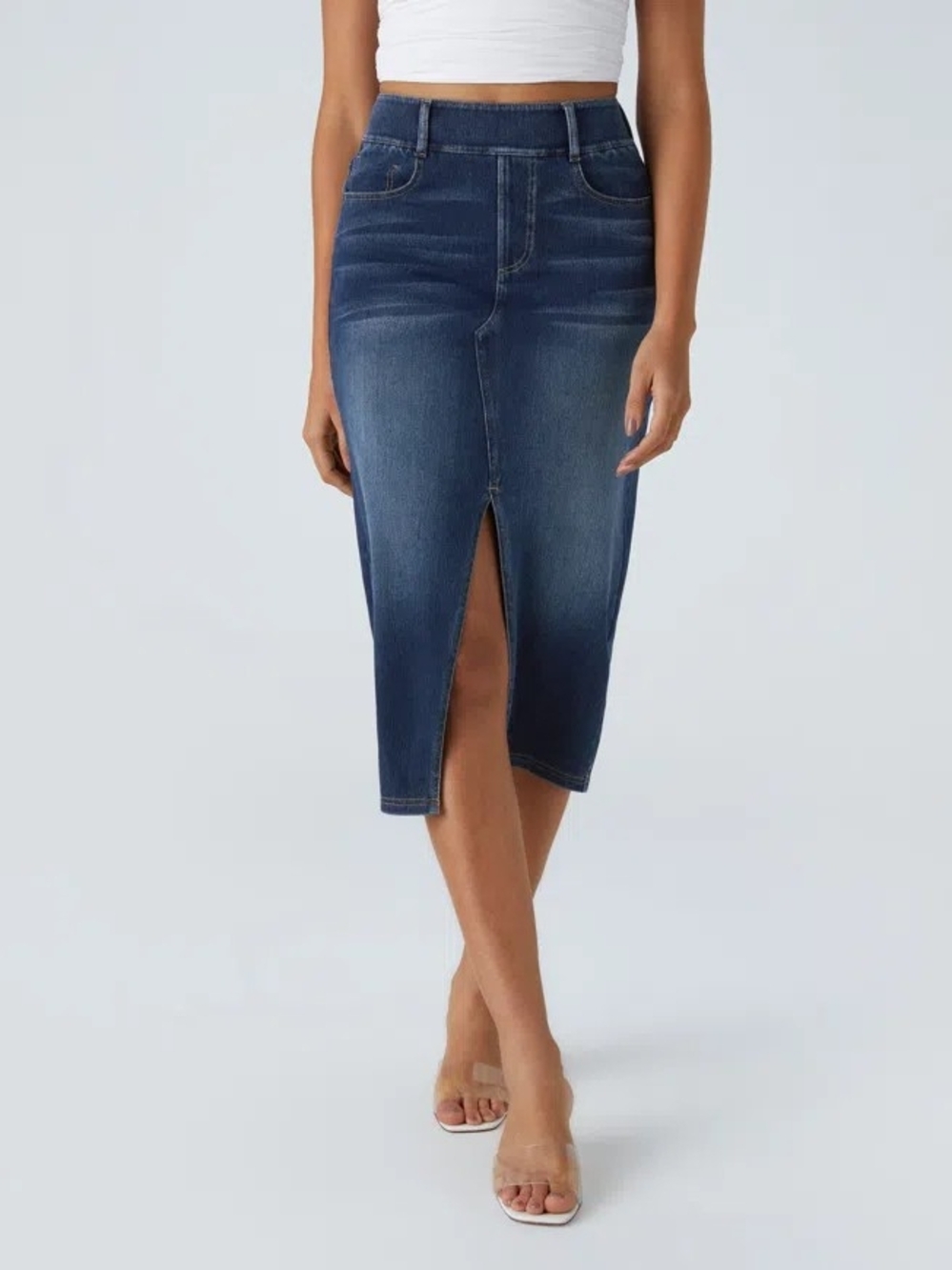 Halara Flex™ High Waisted Pockets Bodycon Washed Denim Casual Midi Skirt